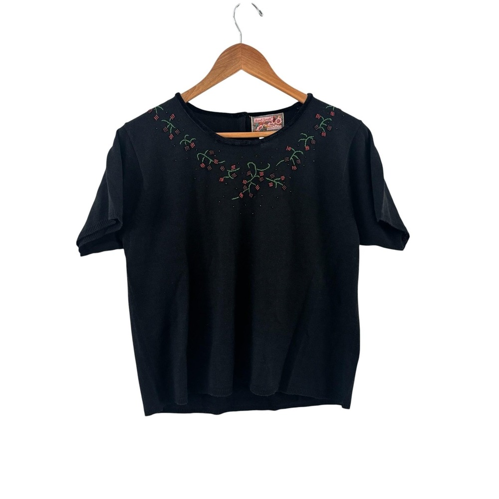 Vintage April Cornell Embroidered Floral Sweater Womens L Black Beaded Cottage